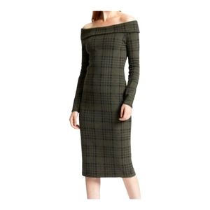 BANANA REPUBLIC Green Plaid Off Shoulder Midi Slim Fit Pencil Dress  XSmall